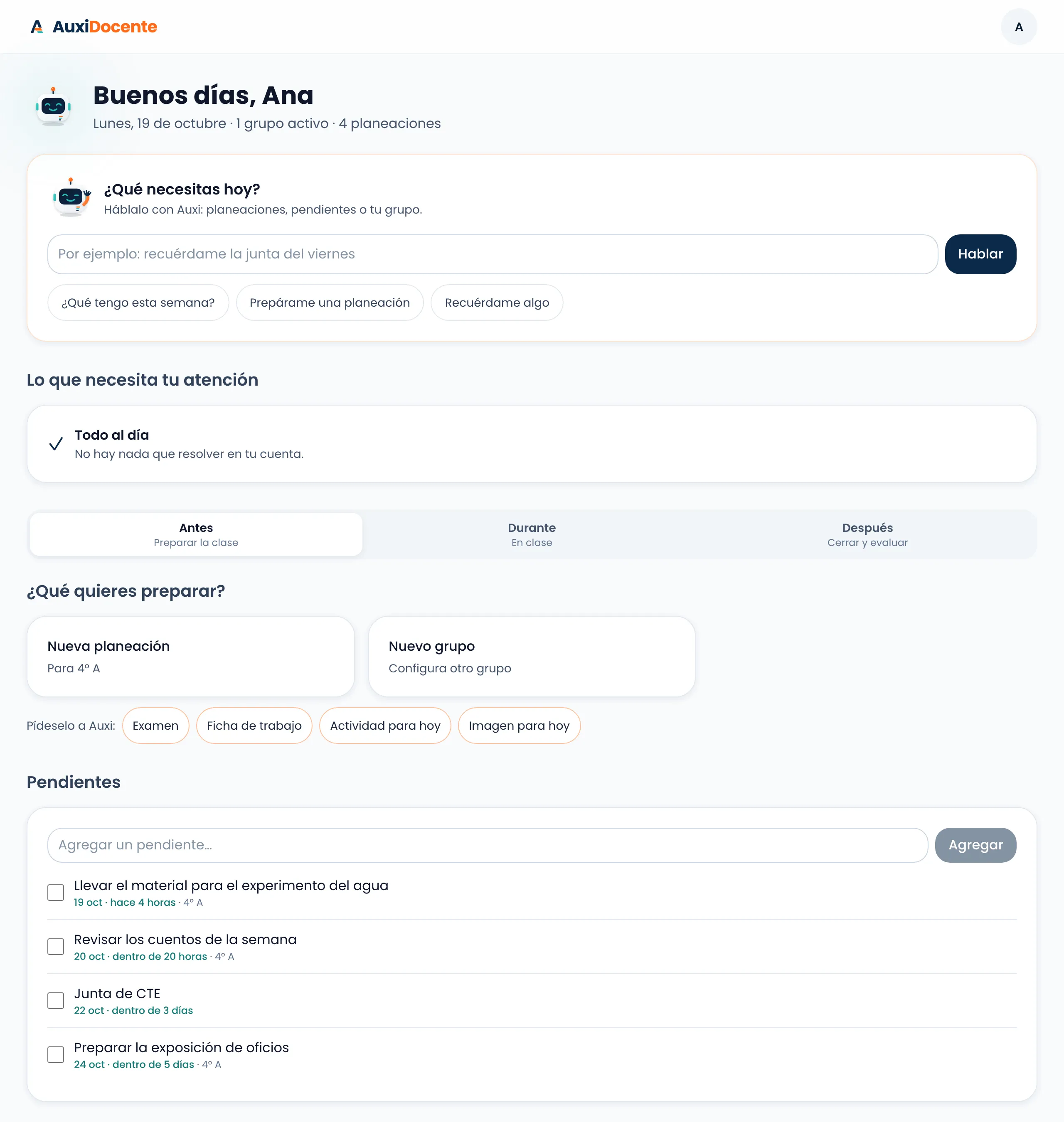 Escritorio de Auxi: el saludo del día, el cuadro para hablar con Auxi, la tarjeta "Todo al día", los tres momentos de la clase (antes, durante y después), las acciones para preparar y la lista de pendientes de la semana.