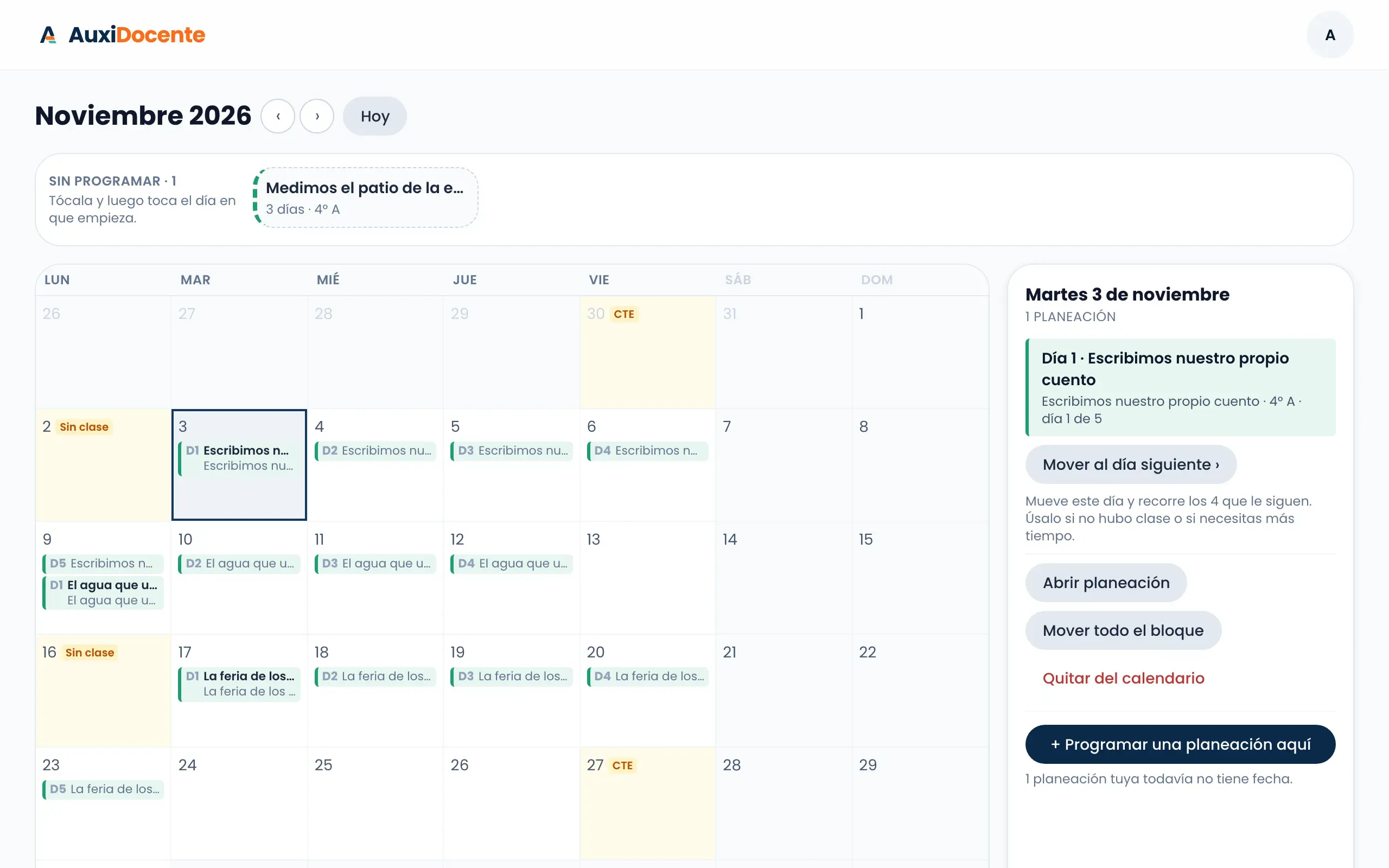 Calendario del mes en la web, con los pendientes de cada día y el día de CTE marcado.