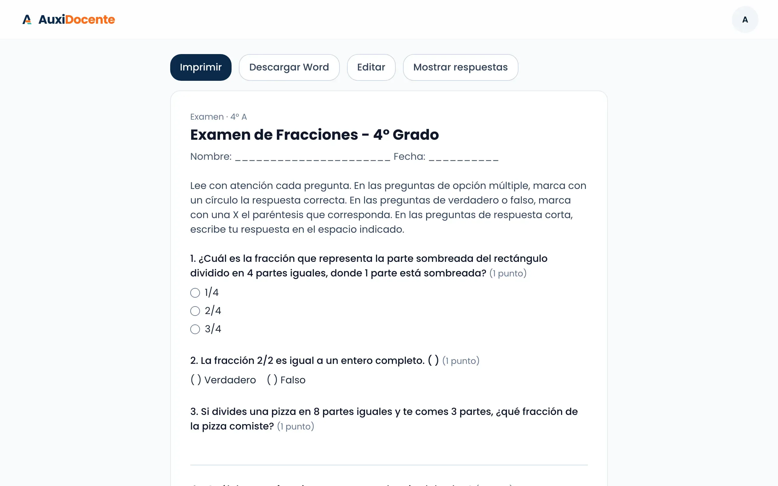 Examen de fracciones para 4.º en la web, con botones para imprimir, descargar en Word, editar y mostrar respuestas.
