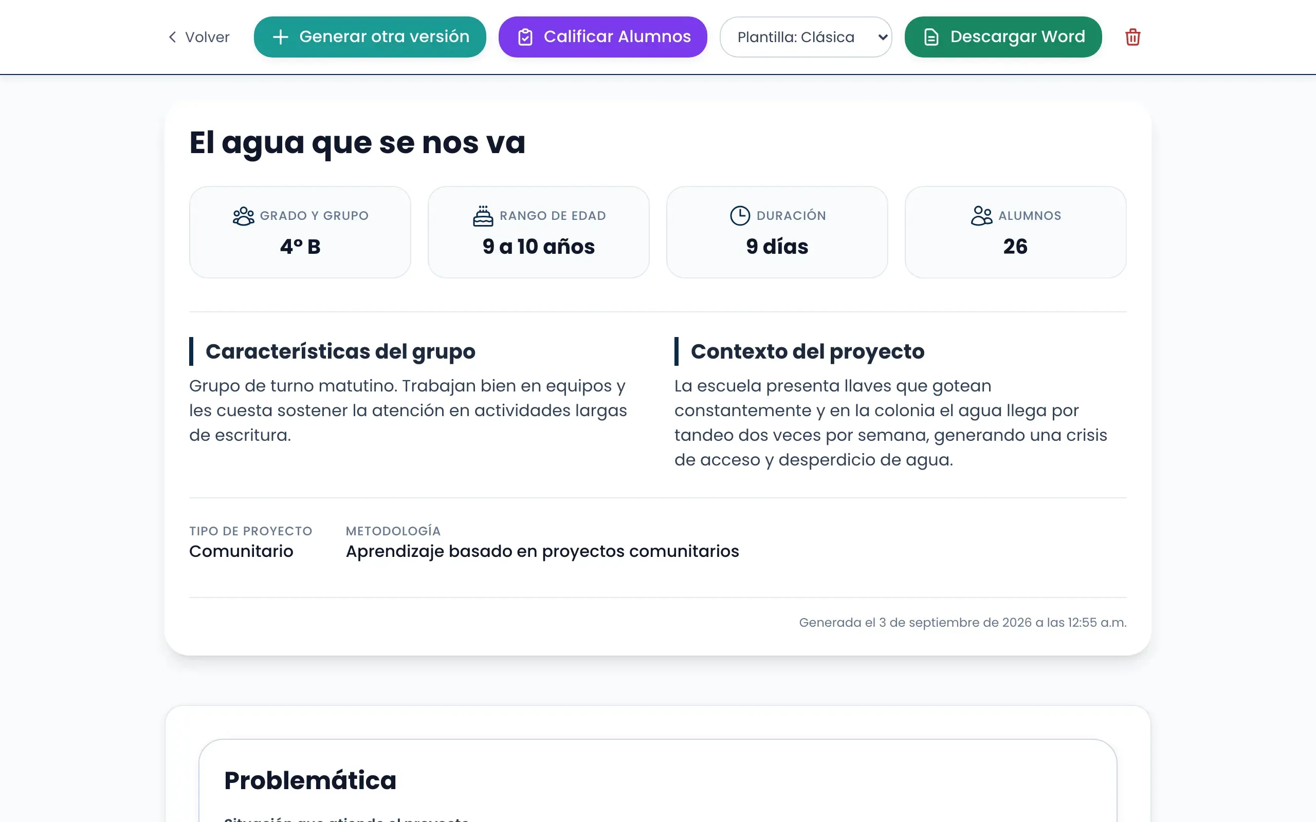 Planeación por proyecto en la web: grado y grupo, rango de edad, duración, características del grupo, contexto, tipo de proyecto y metodología.